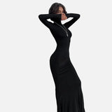 Vestido Maxi de Cuello Alto de Manga Larga Negro Formal