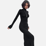 Vestido Maxi de Cuello Alto de Manga Larga Negro Formal