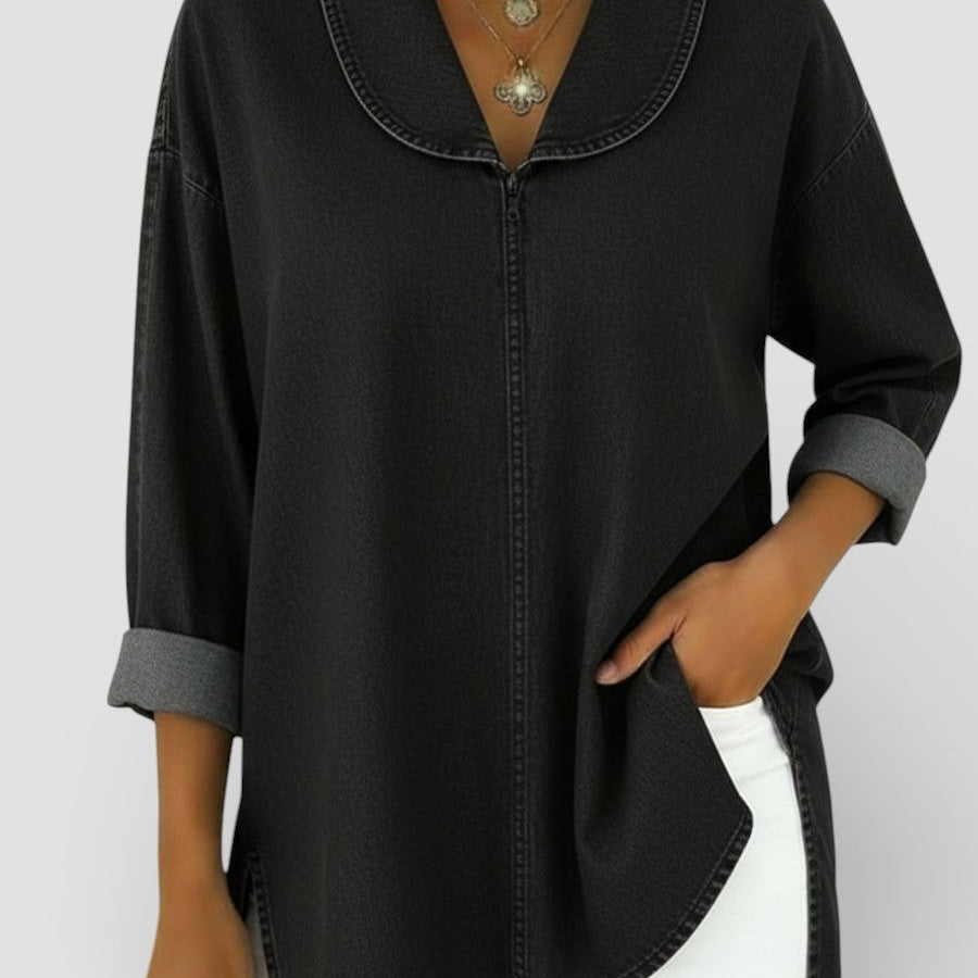 Alicia™ | Blusa vaquera retro con cuello chal